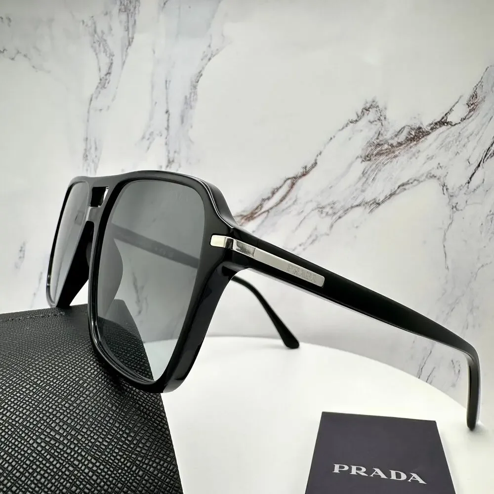 NEW PRADA Sunglasses Black Aviator Pilot 55-17mm Grey Lens Silver Logo